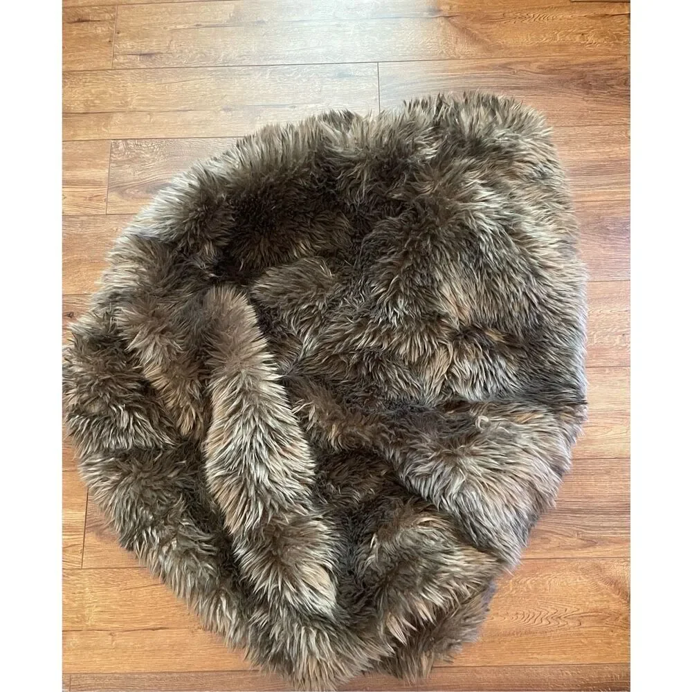 Pottery Barn Brown Faux Fur Round Pouf Ottoman Cover